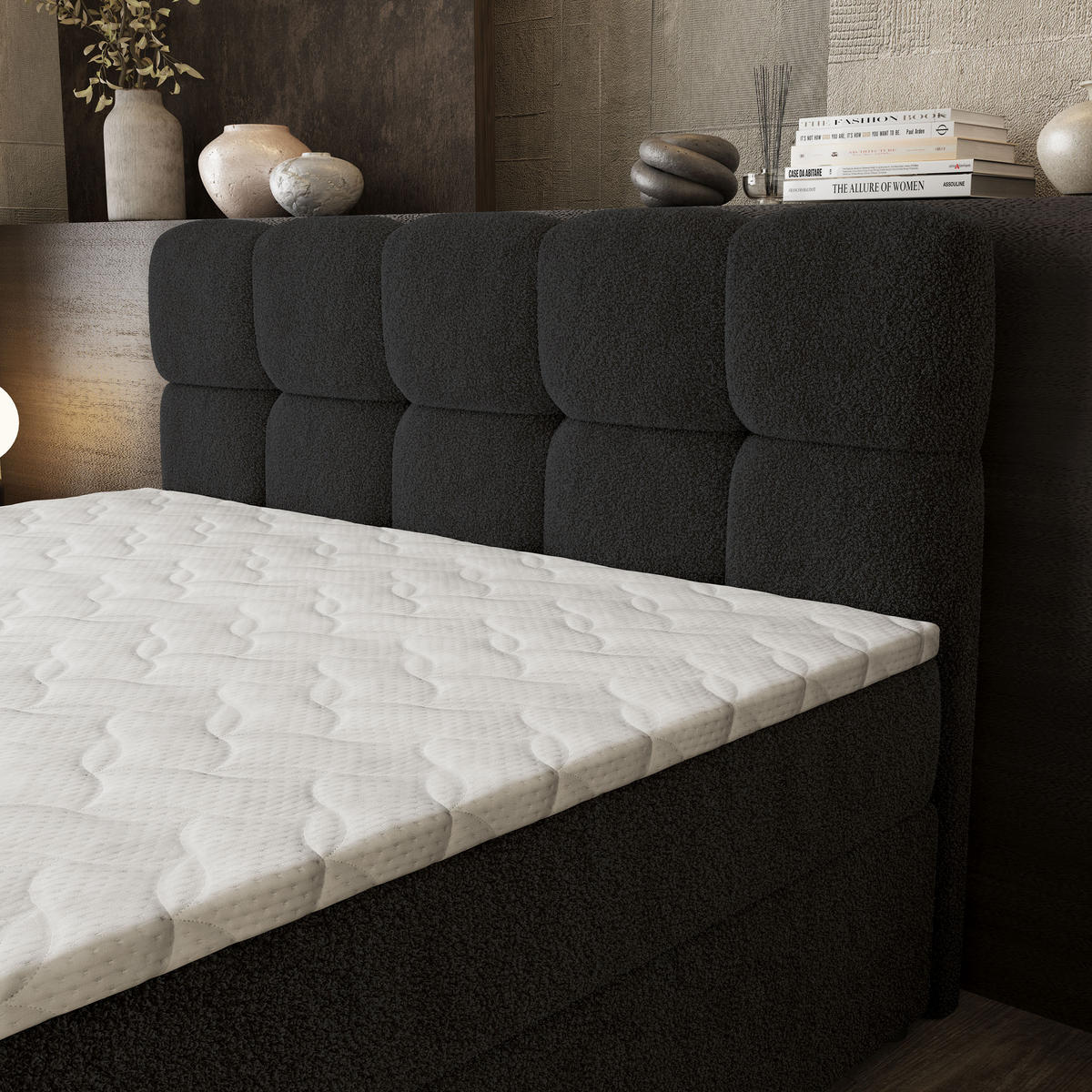 BOXBETT BRUME 160x200 cm mit Matratze und Topper, H2+H3 - Schwarz - Schwarz, Holz (160/200cm) - MASSENO