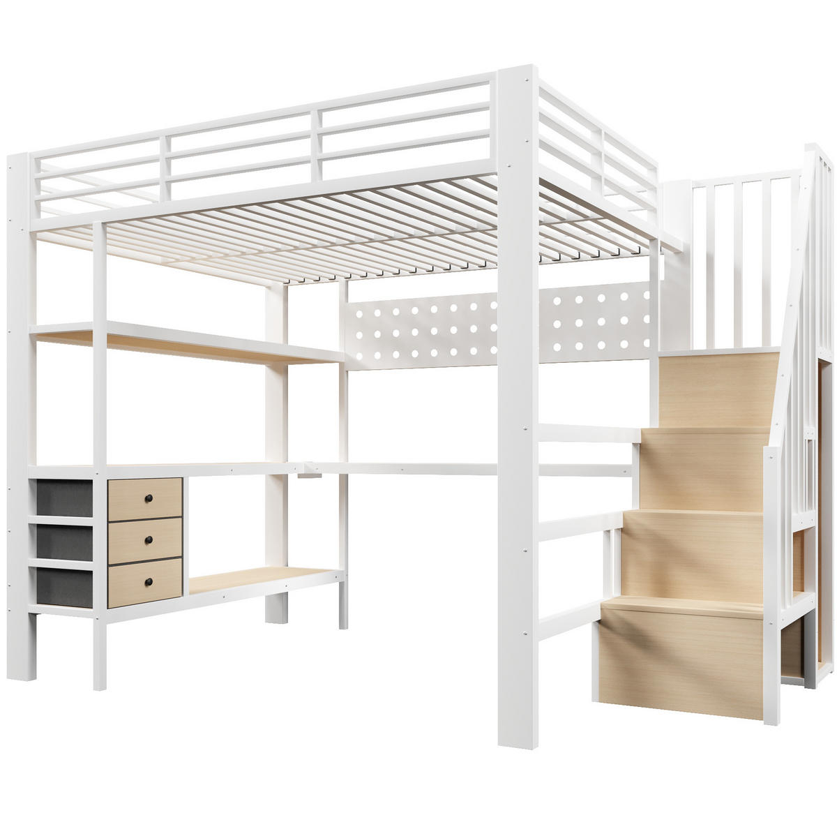 HOCHBETT 140/200 cm aus Metall und MDF mit Schreibtisch, Stauraumtreppe und LED-Beleuchtung Weiß - Weiß, Holzwerkstoff (140/200cm) - Modenvie