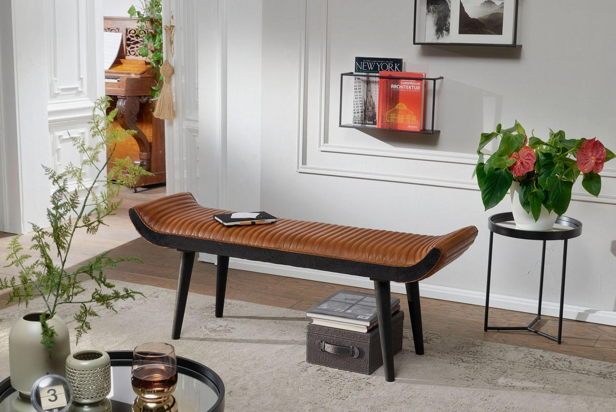 SITZBANK – Echtleder, 125x51x38 cm, Nietenrand, Massivholzbeine - Schwarz/Braun, Mangoholz/Leder (125/51/38cm) - KADIMA DESIGN