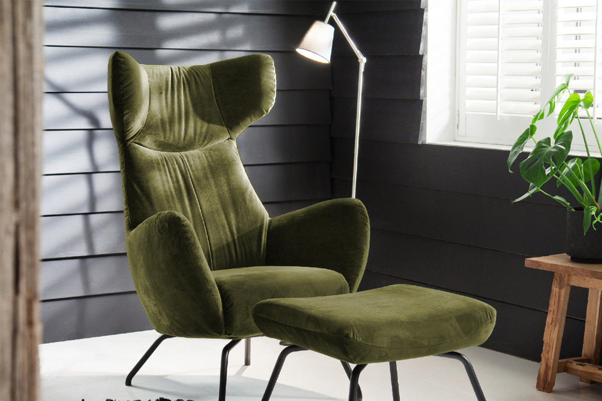 SESSEL MIT HOCKER LOTTE Dunkelgrün Velvet - Dunkelgrün/Schwarz, Textil (79/117/82cm) - KAWOLA