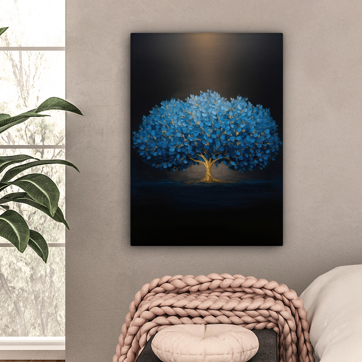 LEINWANDBILD Baum - Blau - Blätter - Pinselstriche Wandbild Wohnzimmer 60x80 cm - Blau, Textil (60/80cm) - MuchoWow