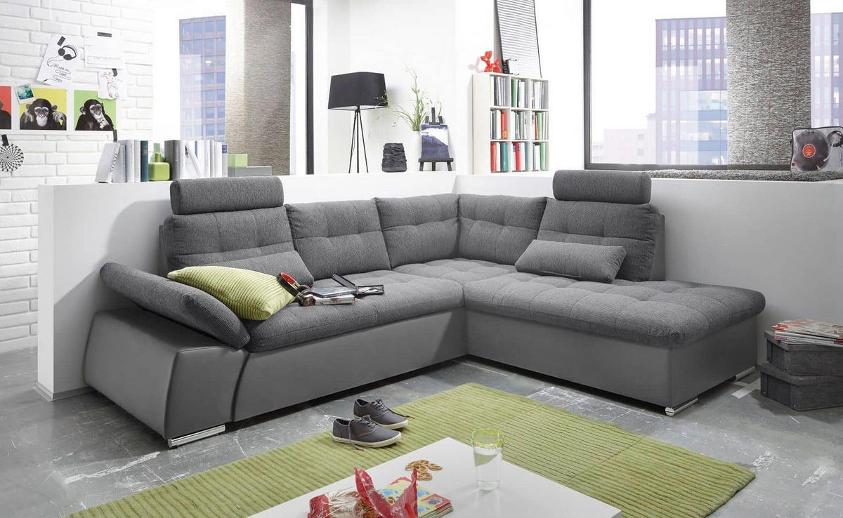 ECKSOFA mit Schlaffunktion, Armlehnfunktion und Kopfstützen - Chromfarben/Anthrazit, Textil (219/260cm) - ed exciting design