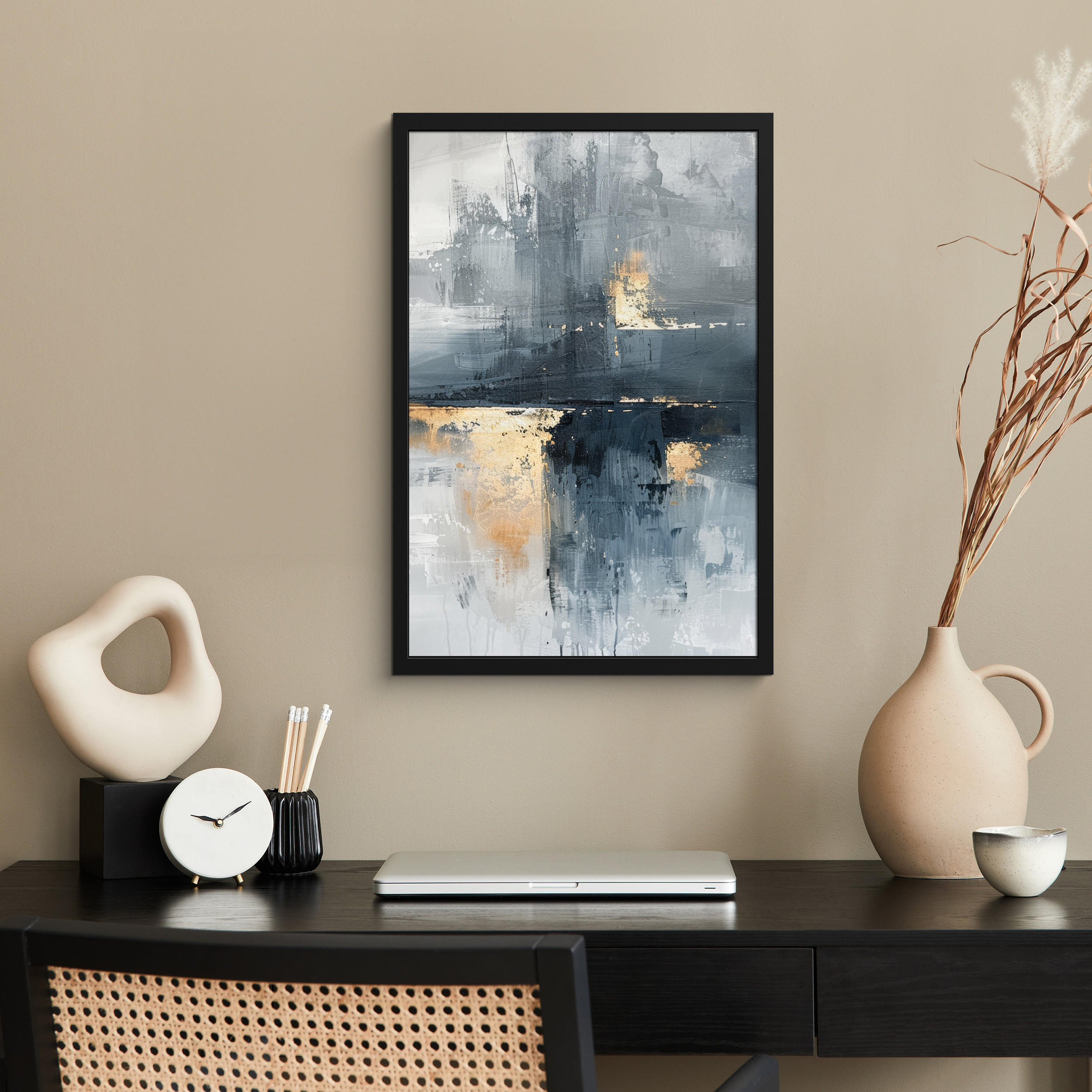 GERAHMTES BILD Kunst - Grau - Gold - Abstrakt 40x60 cm - Dunkelgrau, Papier (40/60cm) - MuchoWow