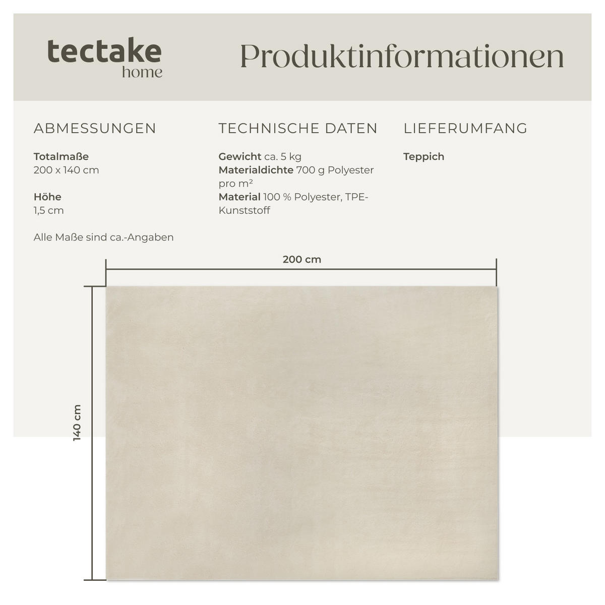 KURZFLORTEPPICH Soft Zone,rutschfeste Unterseite,beige - Beige, Kunststoff (200/140cm) - tectake