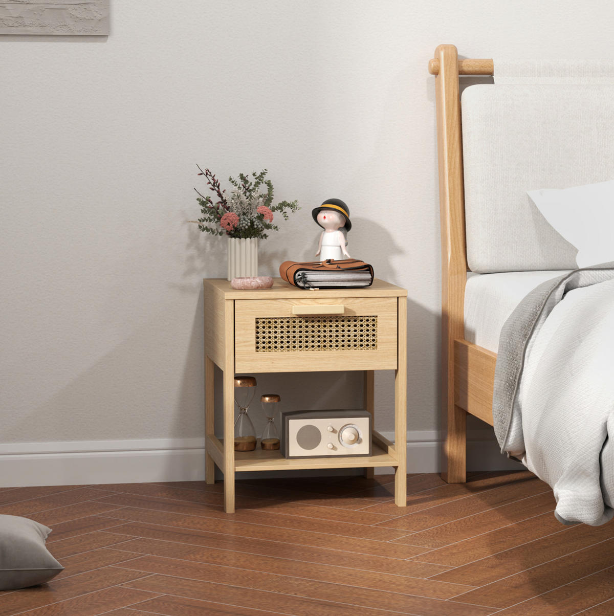 NACHTTISCH aus Holz mit Rattan-Schublade & Ablage, 40/40/48,4 cm, Naturholz - Naturfarben, Holz (40/48.4/40cm) - Redom