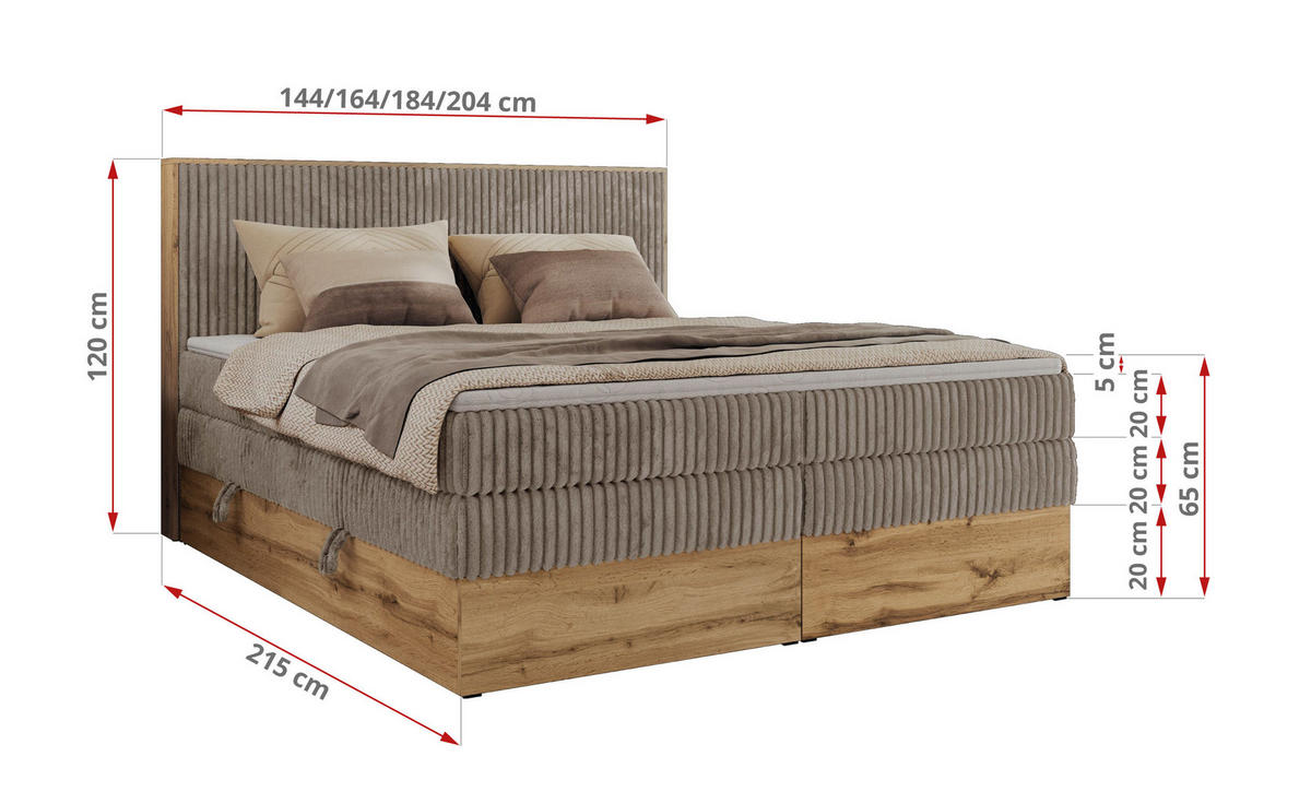 BOXBETT WOOD CLASSIC KING 180/200 - Hellbraun Cord - H4 - Hellbraun, Textil (180/200cm) - MKS