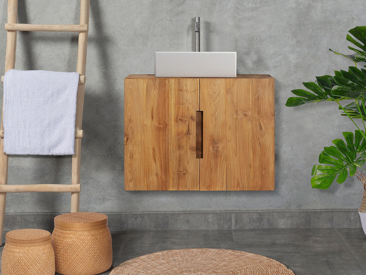EINZELWASCHTISCH - 80 cm x 55 cm - Keramik, Holz, Platte - Naturfarben Hell - SAWAN - Naturfarben, Keramik/Holz (80/60/55cm) - Vente-Unique
