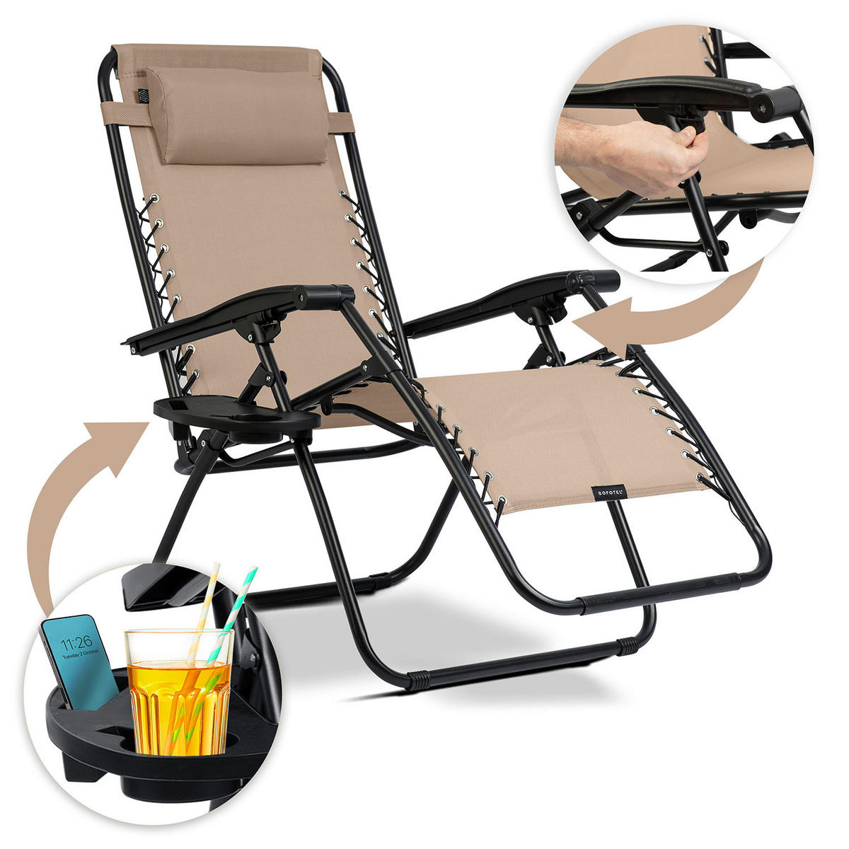 GARTEN-RELAXSESSEL Klappbarer mit Kissen, Beige - Beige, Metall (60/102/110cm)