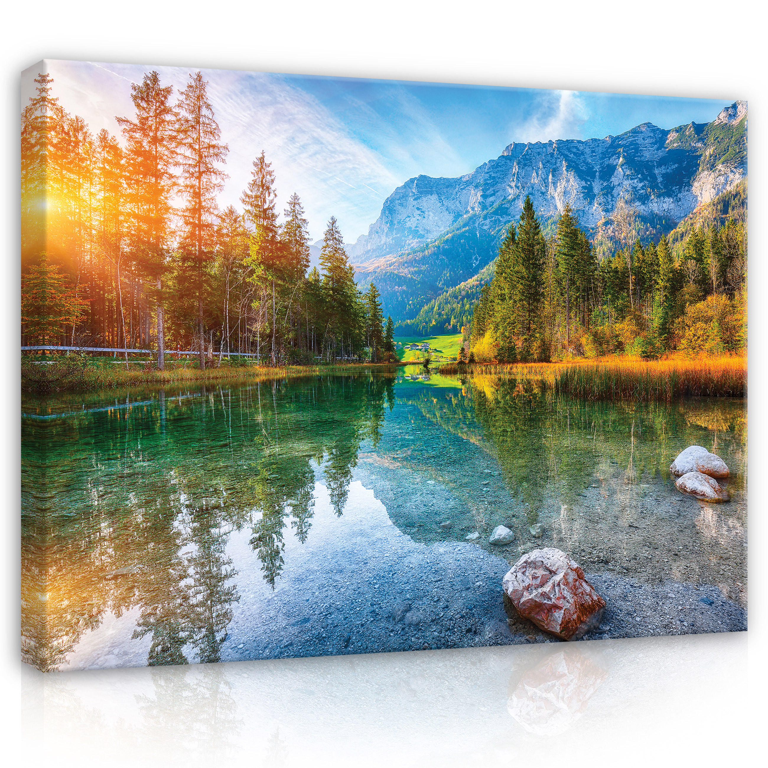 LEINWANDBILD Natur Berge See 100x70 - Multicolor, Holzwerkstoff (100/70cm) - Wallarena