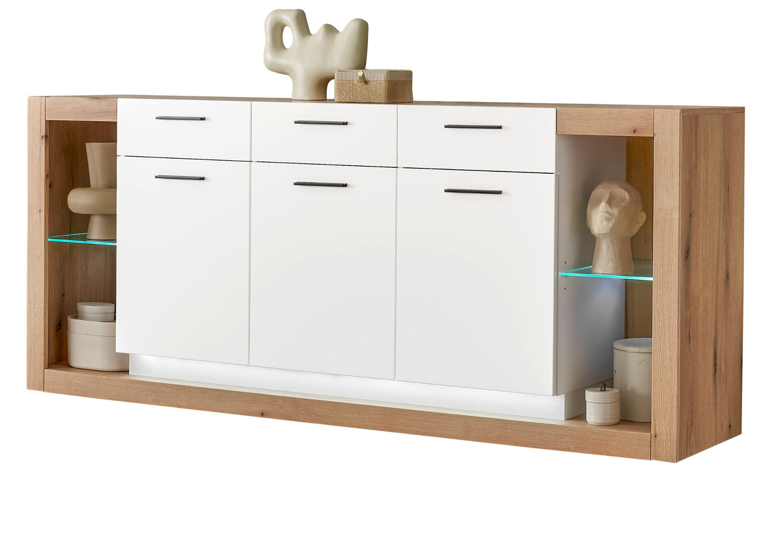 SIDEBOARD weiß matt, Evoke Eiche, Kommode 198 x 83 cm - Eichefarben/Silberfarben, Glas/Holzwerkstoff (198/83/43cm) - Furn.Design