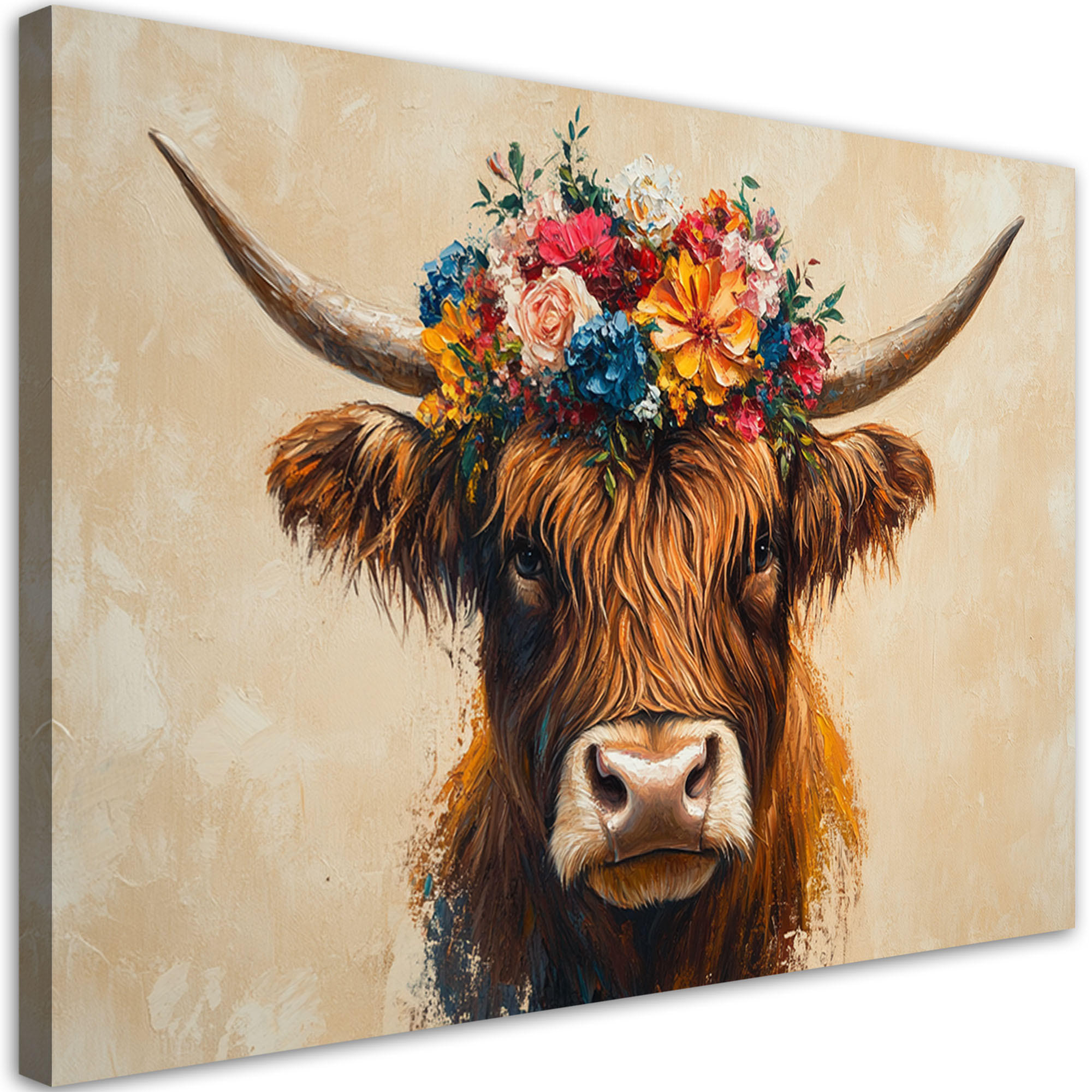 WANDBILD abstrakte schottische kuh blumen - Multicolor, Textil (60/40cm) - Feeby