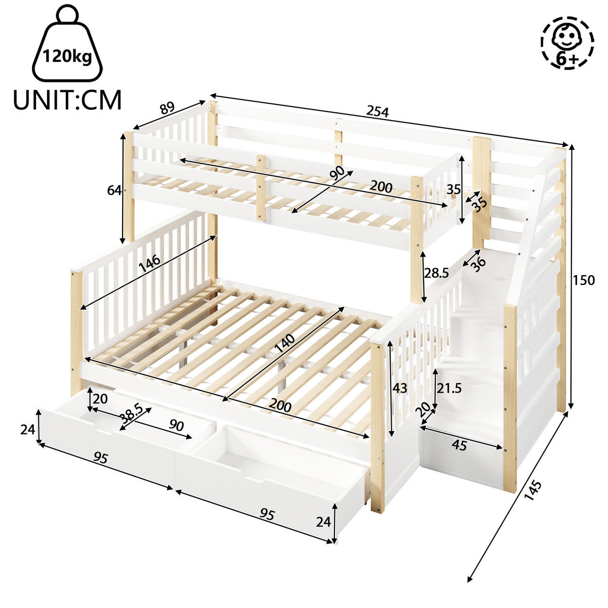 ETAGENBETT 90/140x200 cm Schubladen weiß - Weiß, Holz (140/200cm) - LEBENLANG
