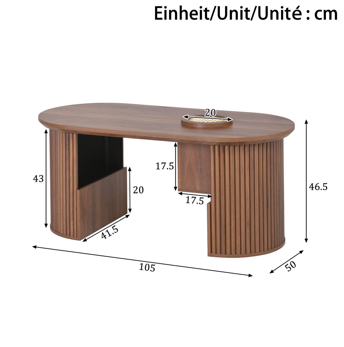 COUCHTISCH 105/50/46,5 cm in Nussbaum mit Ablagefächern und ovaler Form - Nussbaumfarben, Holzwerkstoff (105/50/46.5cm) - Flora Grace