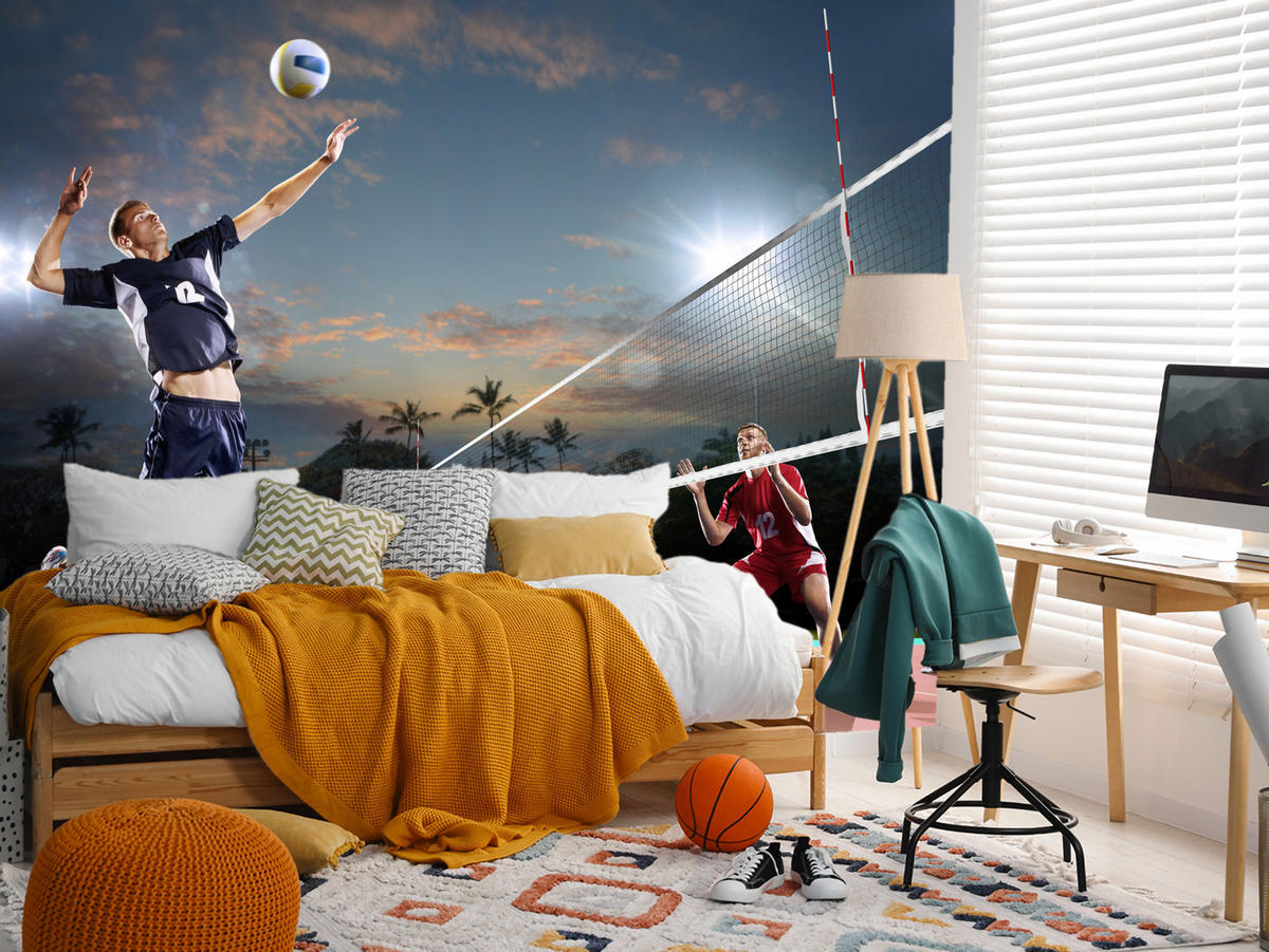 FOTOTAPETA Pre Študentskú Izbu Volejbal Pláž Trópy Zápas Hráč Palmy 250 x 175 cm - oranžová/čierna, papier (250/175cm) - Muralo