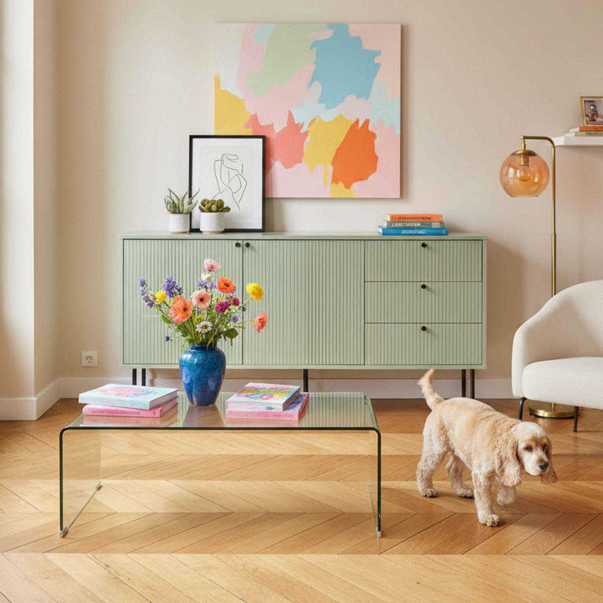 SIDEBOARD 150 cm, Salbeigrün - Grün, Holz (40/75/150cm) - Oviala