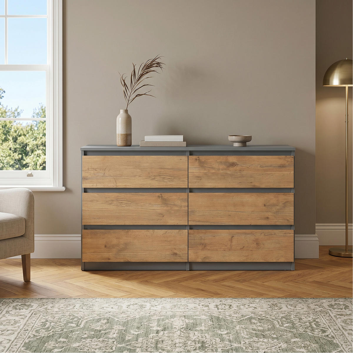 KOMMODE NUDO 138,5/78,5/39cm mit 6 Schubladen Türen Anthrazit - Eichefarben/Anthrazit, Holzwerkstoff (138.5/78.5/39cm) - MASSENO
