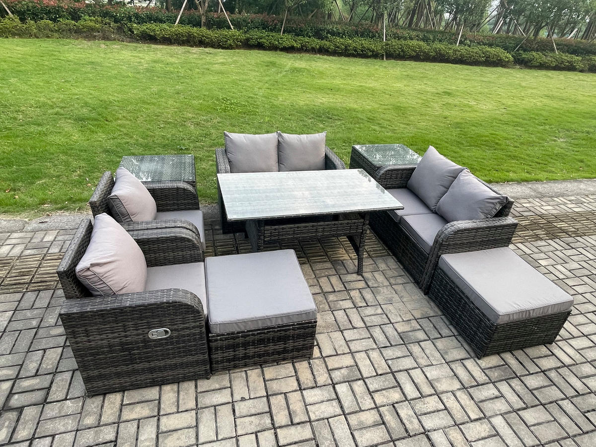 Gartenmöbelset mit Esstisch,Hockern,Beistelltischen Polyrattan Dunkelgrau 8-Sitzer - Dunkelgrau/Grau, Glas/Kunststoff - Fimous
