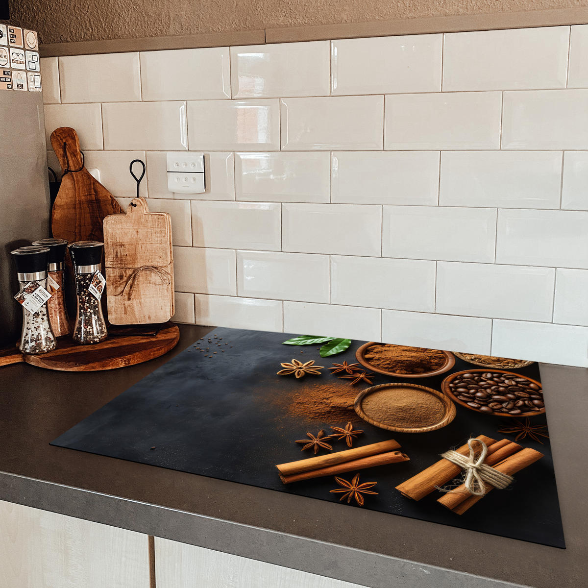 HERDABDECKPLATTE Zimt - Beton - Kaffee - Zimtstangen - Gewürze 70x52 cm - Mokka, Kunststoff (70/0.2/52cm) - MuchoWow