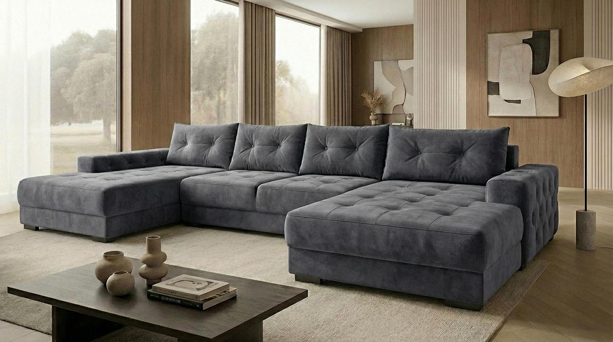 ECKSOFA MODENA 320 cm x 185 cm – Stoff: VELUTTO Anthracite 18 Farbe: Dunkelgrau - Dunkelgrau, Textil (320/185cm) - A&J MöbelLand