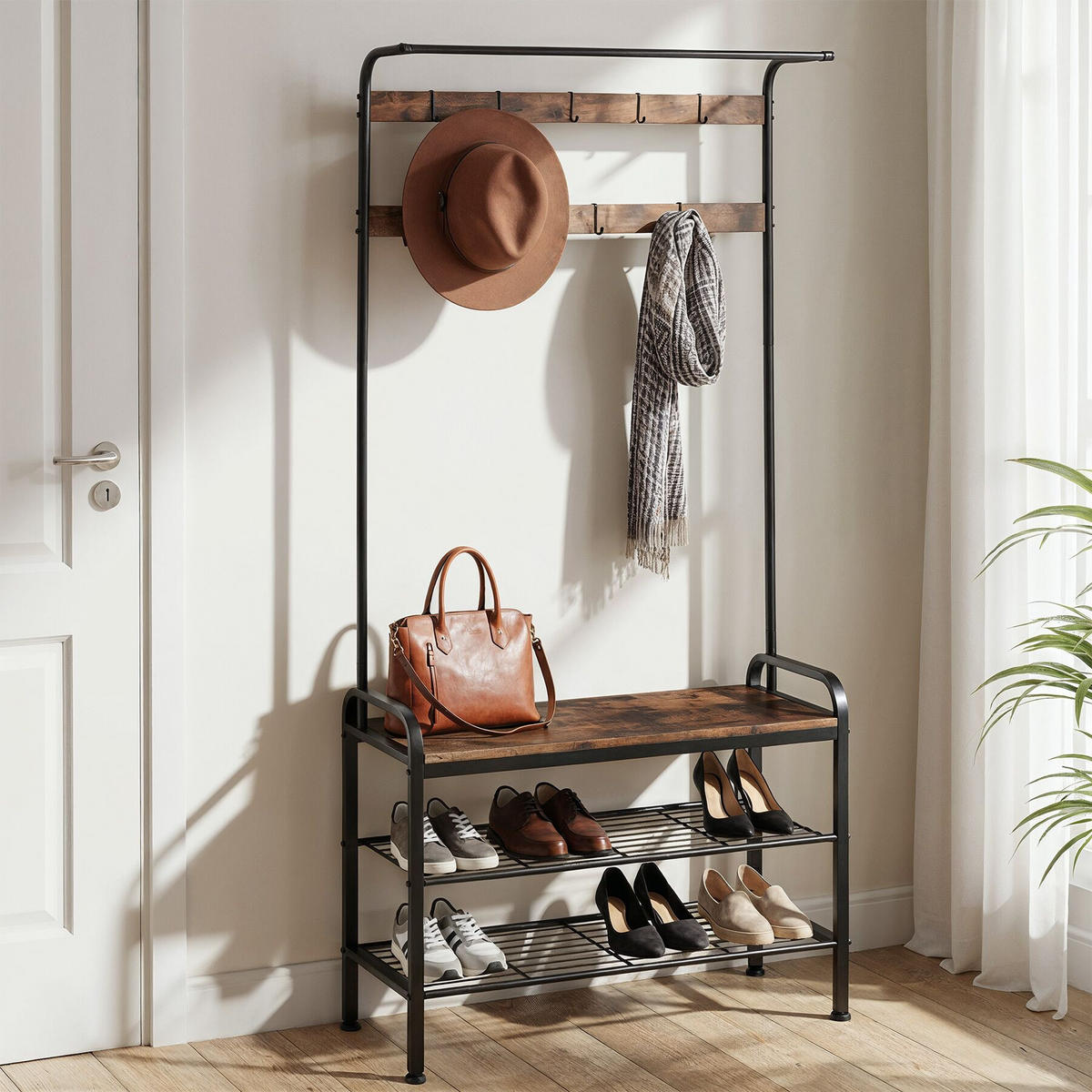 GARDEROBENSTÄNDER Alberta, inklusive Kippschutz, 85,5 x 36 x 184 cm, Industrial Holz dunkel, rustikal - Rostfarben, Textil (36/184/85.5cm) - tectake