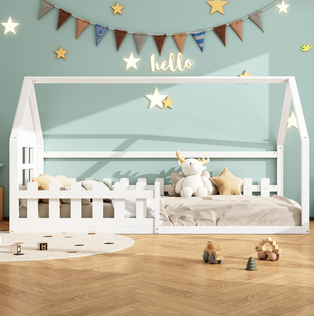 HAUSBETT 90/200 cm in Weiß – aus Kiefer und MDF, in Hausform - Weiß, Holz (90/200cm) - BEAOK