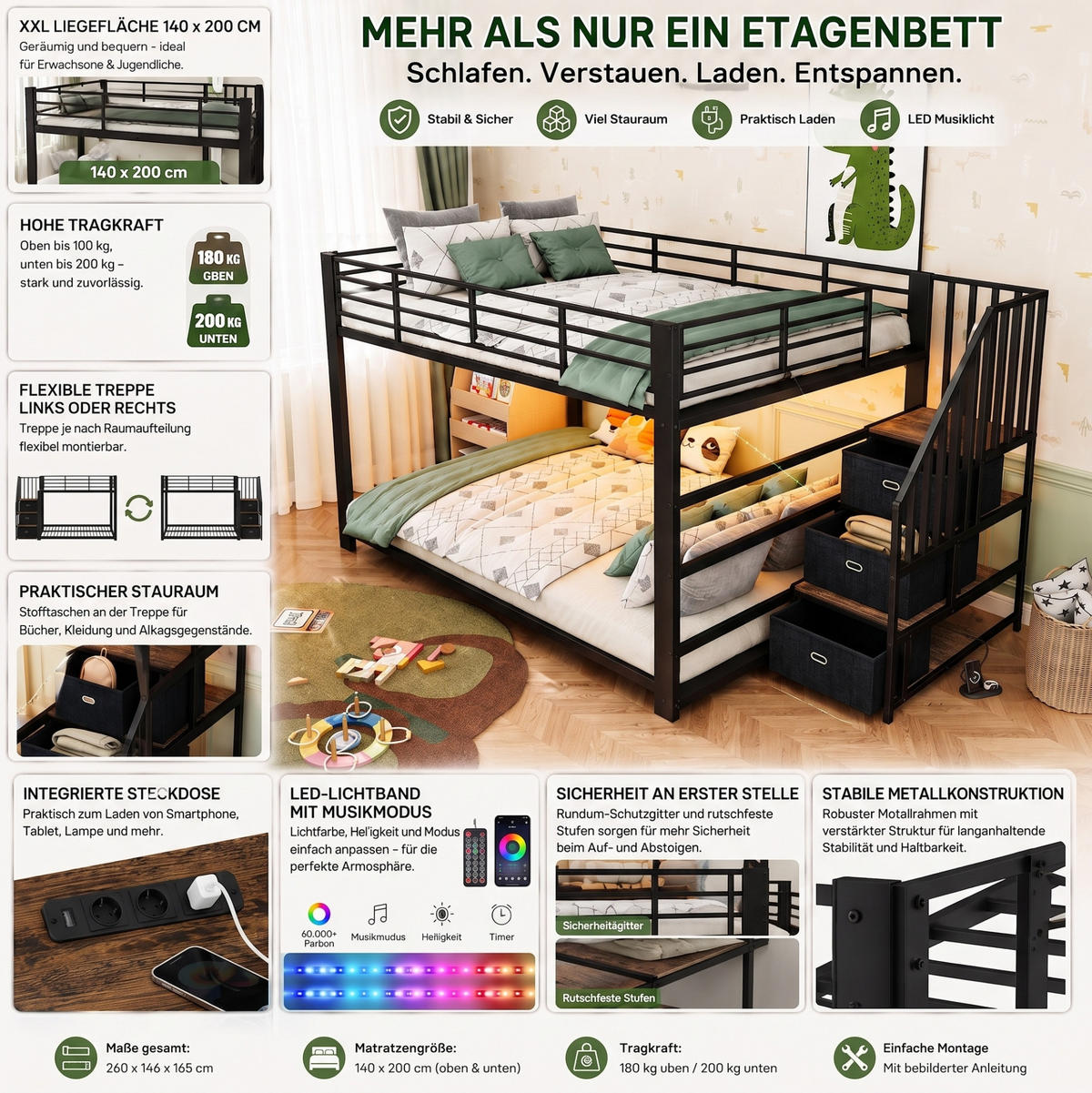ETAGENBETT aus MDF und Metall 140x200 cm Schwarz mit Stauraumtreppe, LED-Lichtband und USB-Anschlüssen - Schwarz, Holzwerkstoff (140/200cm) - Modfu