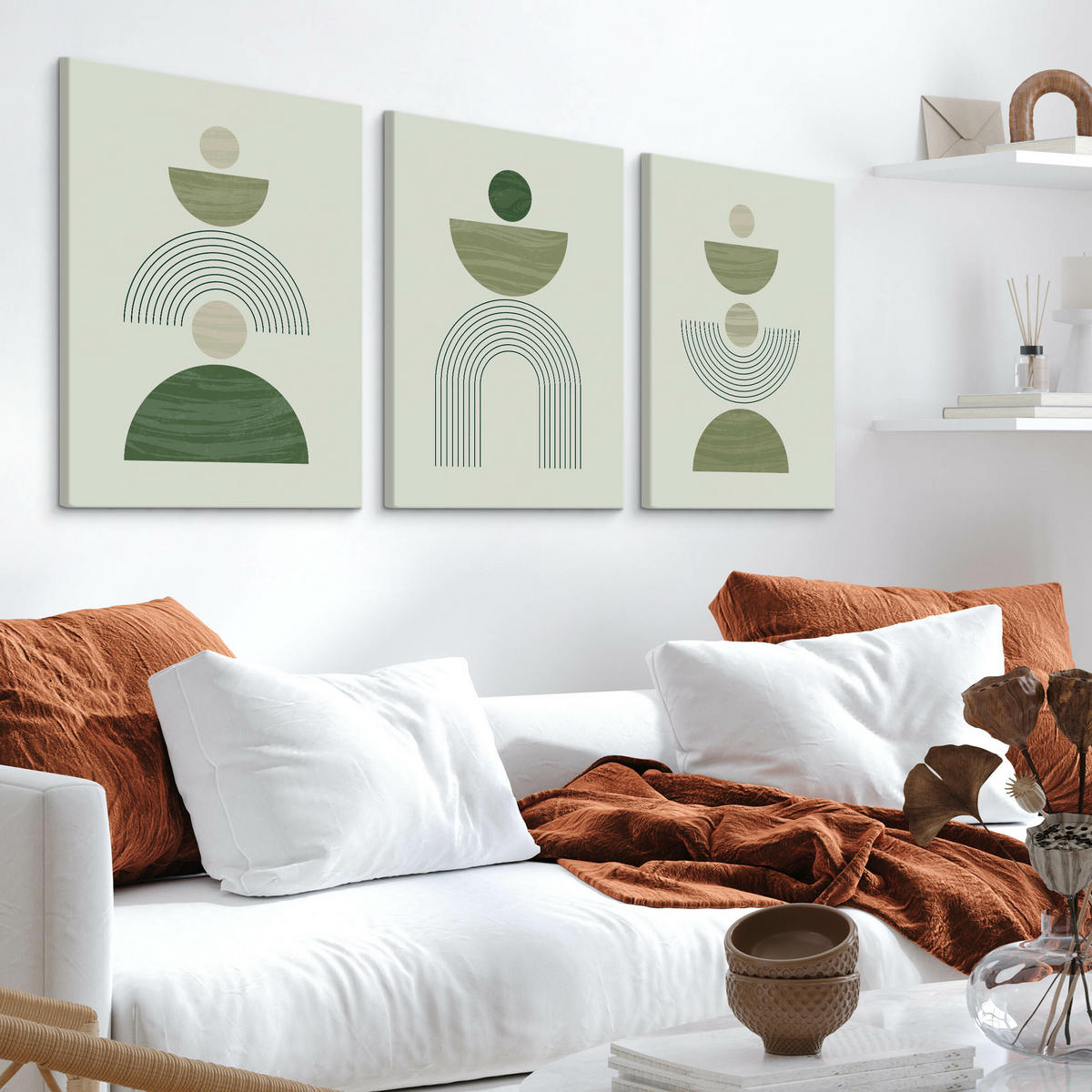 LEINWANDBILDER 3-es Set Abstraktion Boho - Beige/Grün, Textil (90/40cm) - Muralo