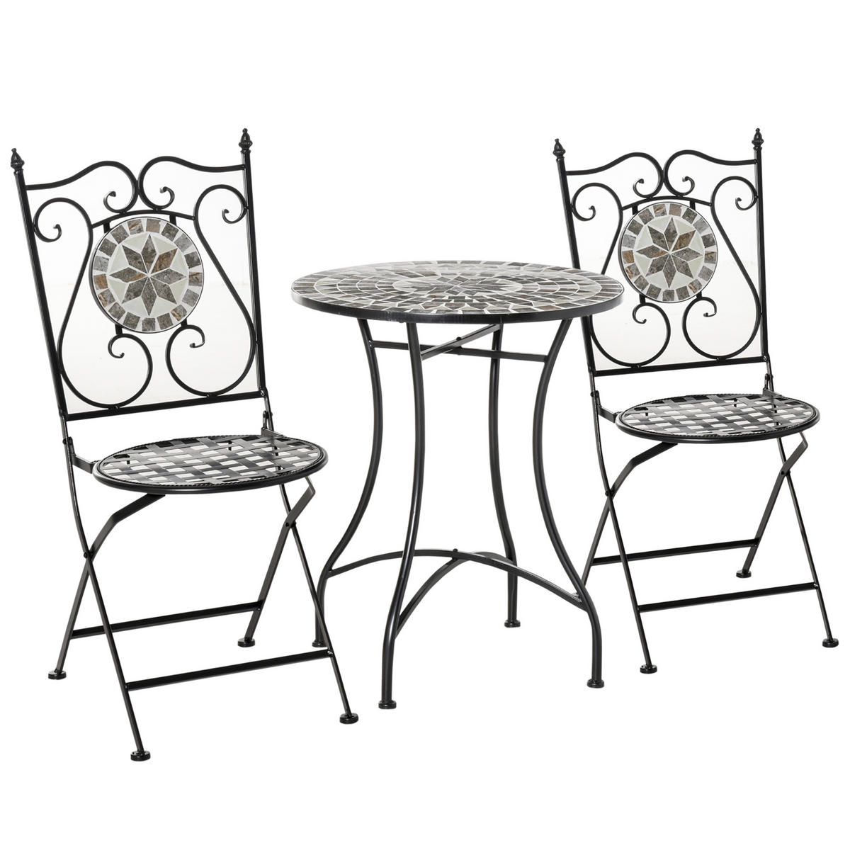 BISTROSET DE-07355 mit Mosaikmuster und klappbaren Stühlen Mehrfarbig - Schwarz/Grau, Keramik/Metall - ComfortXL