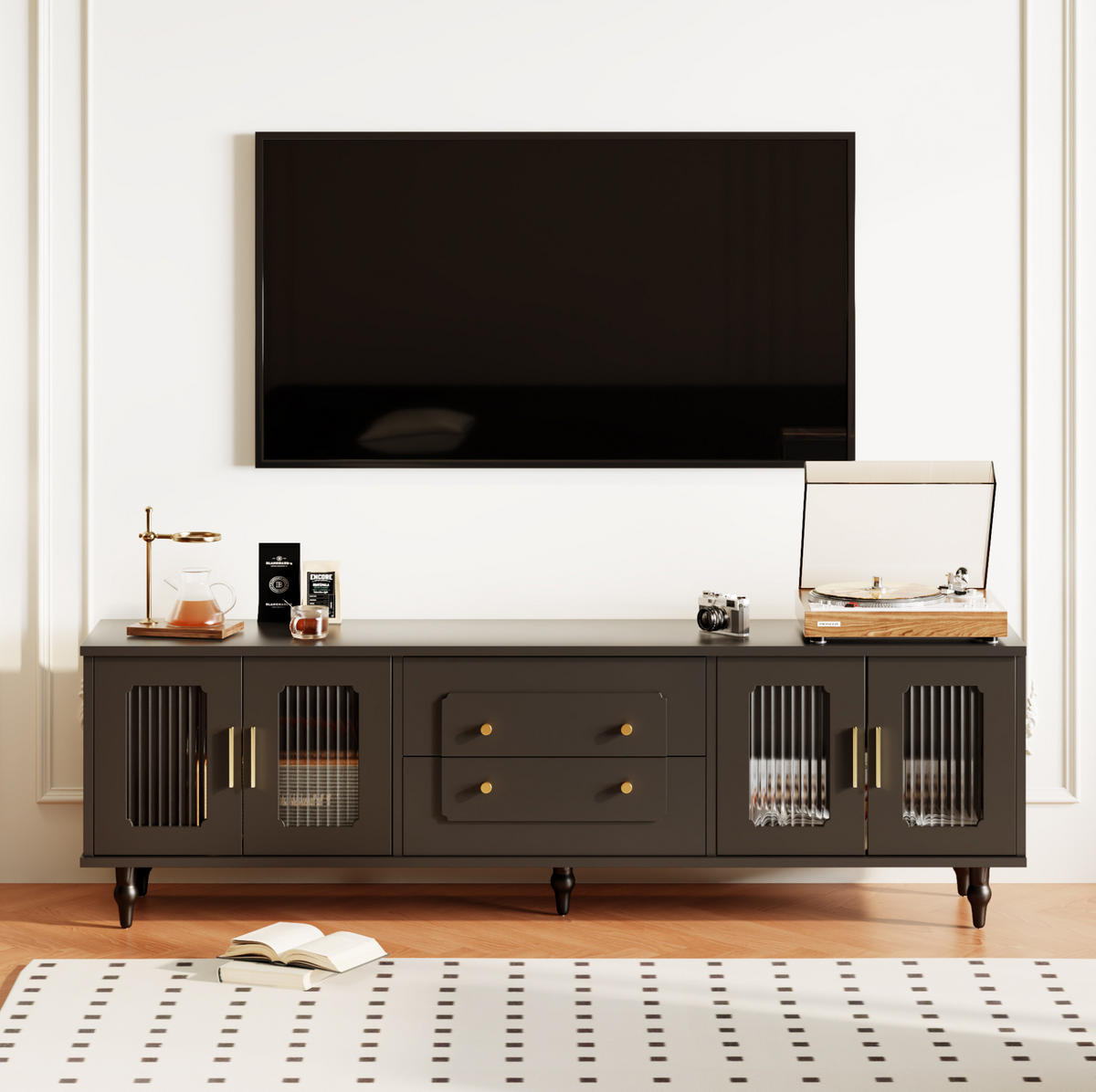 TV-SCHRANK 175/38/55,5 cm schwarz mit geriffelten Glastüren und goldenen Griffen - Schwarz, Holzwerkstoff (175/55.5/38cm) - OKWISH
