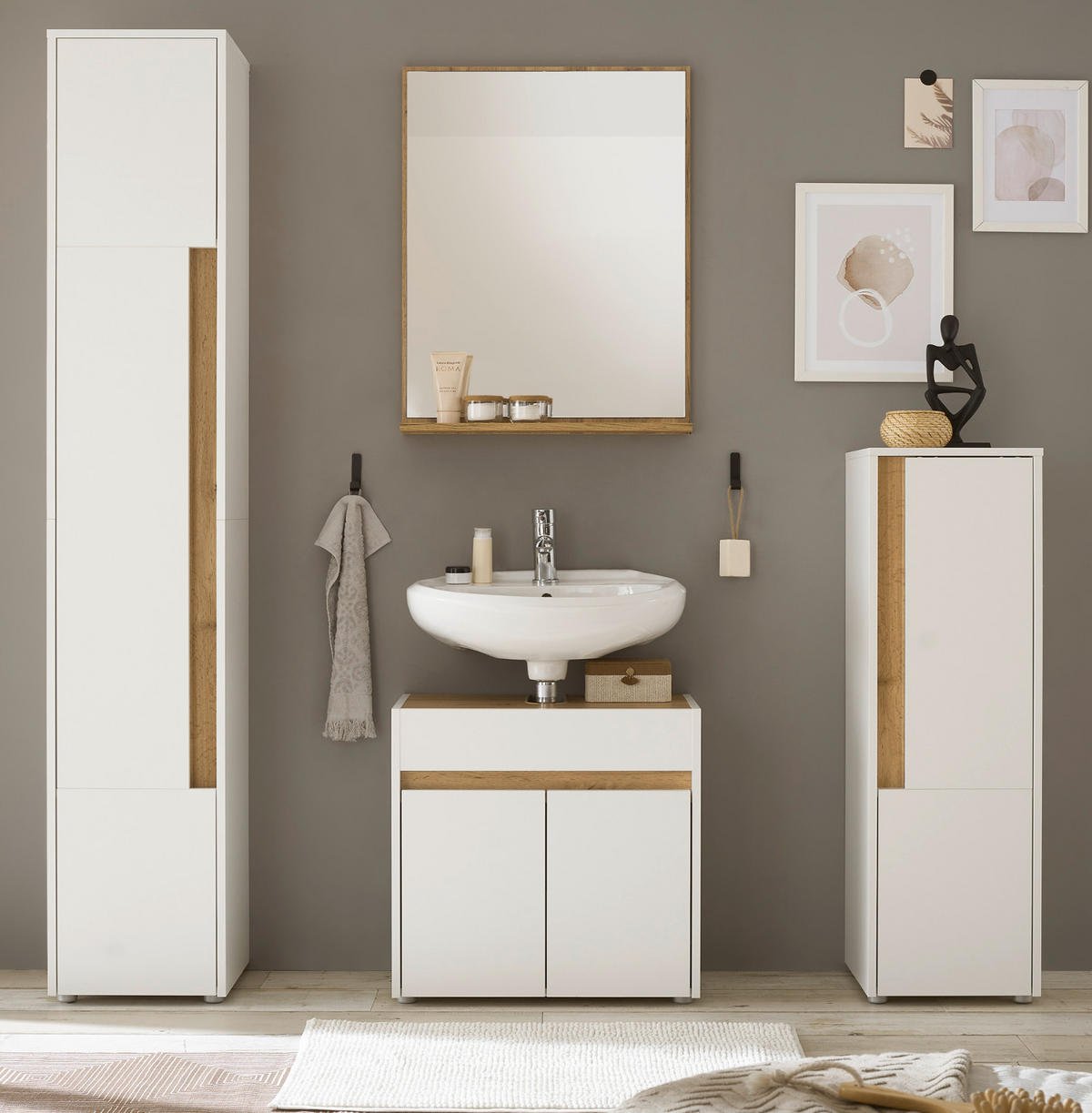 BADMÖBEL-SET 4-teilig weiß, Wotan Eiche, Badkombination 168 cm - Silberfarben/Eiche Wotan, Glas/Holz (171/200/34cm) - Furn.Design