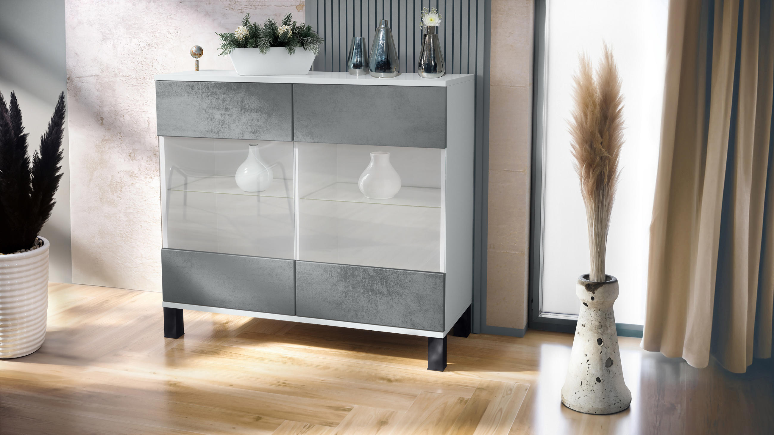 KOMMODE Bari Beton Dunkel Optik - Dunkelgrau, Holzwerkstoff (92.5/84.5/35cm) - Vladon