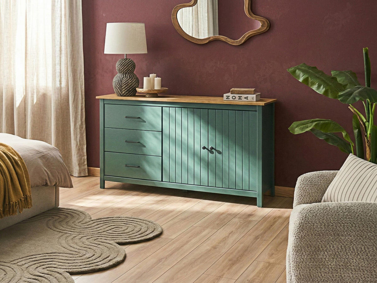 SIDEBOARD mit 2 Türen Kiefernholz Grün Leonora - Hellbraun/Braun, Holz (150/80/40cm) - Beliani