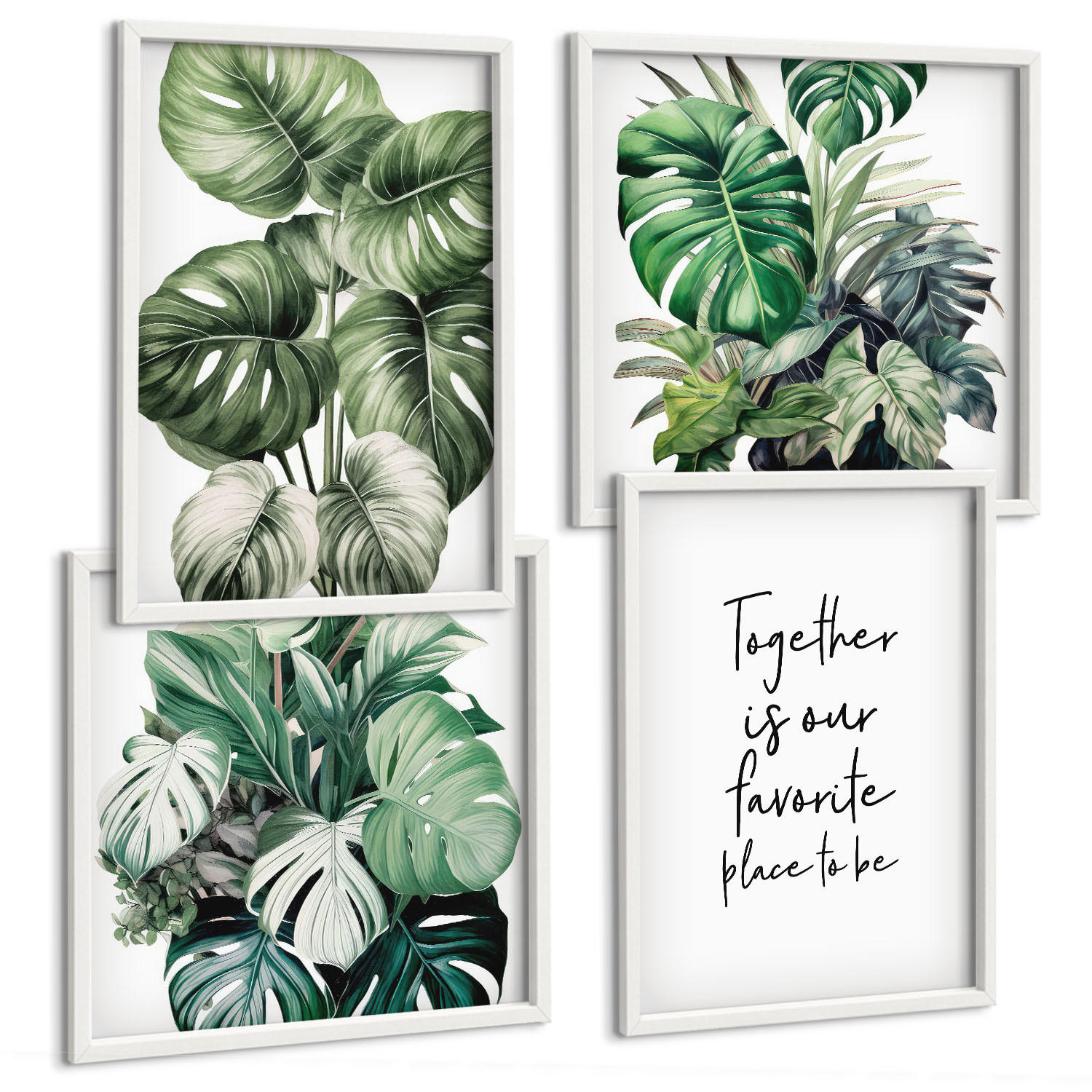 BILDER SET 4er Set - 50x50 cm & 40x60 cm Weißer Rahmen - Dekoration aus grünen tropischen Blättern - Weiß, Kunststoff (50/50cm) - TULUP