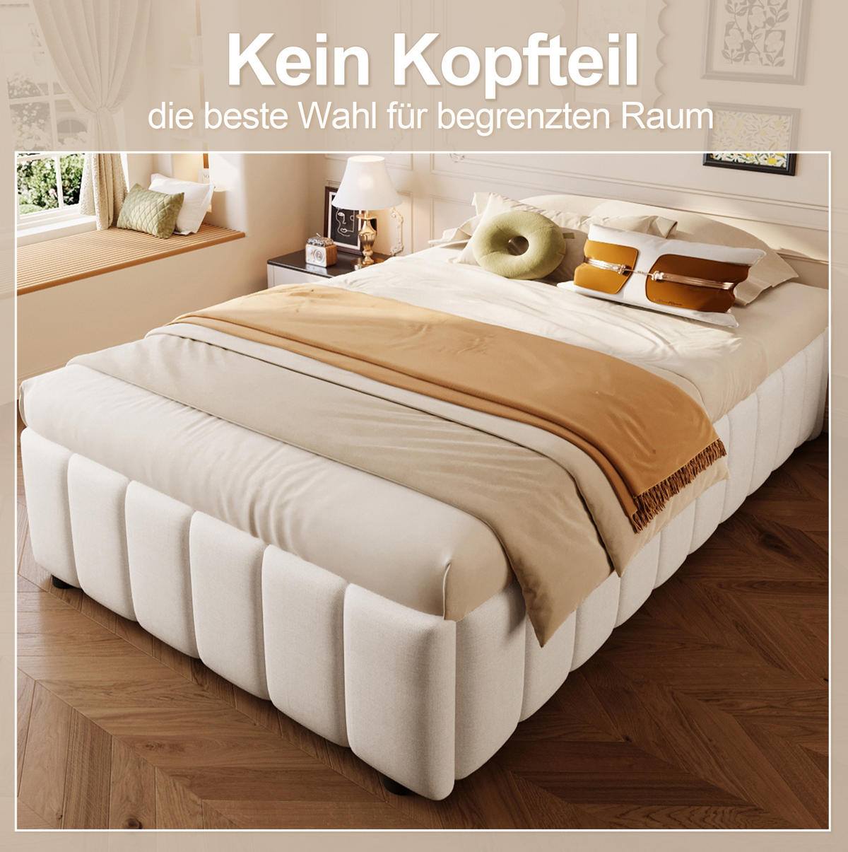 POLSTERBETT 90/200 cm Beige aus Leinen mit Bettkasten ohne Kopfteil - Beige, Textil (90/200cm) - Flora Grace