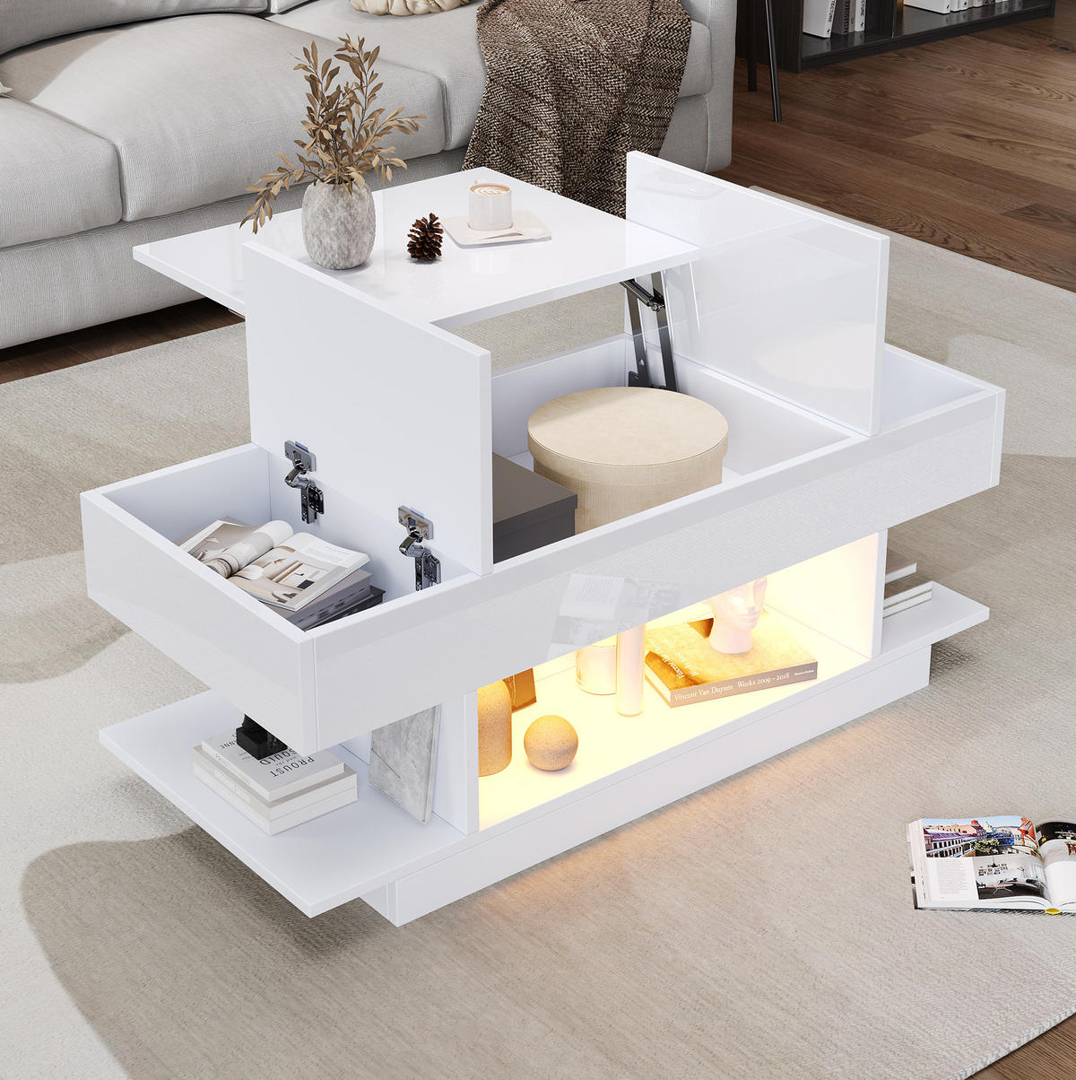 COUCHTISCH 98/45/40 cm höhenverstellbar mit LED, Stauraum und Lift-Tischplatte aus Spanplatte, Weiß - Weiß, Holzwerkstoff (98/45/40cm) - Redom