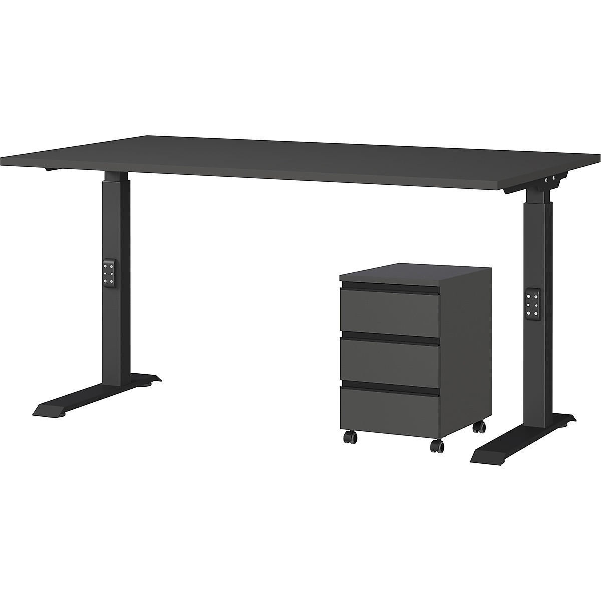 BÜROMÖBEL Set 2-teilig | Schreibtisch 140x80cm & Rollcontainer Graphit | Einstellbar 68-91 cm & Soft-Close - Schwarz, Holzwerkstoff/Metall (80/195/91cm) - KADIMA DESIGN