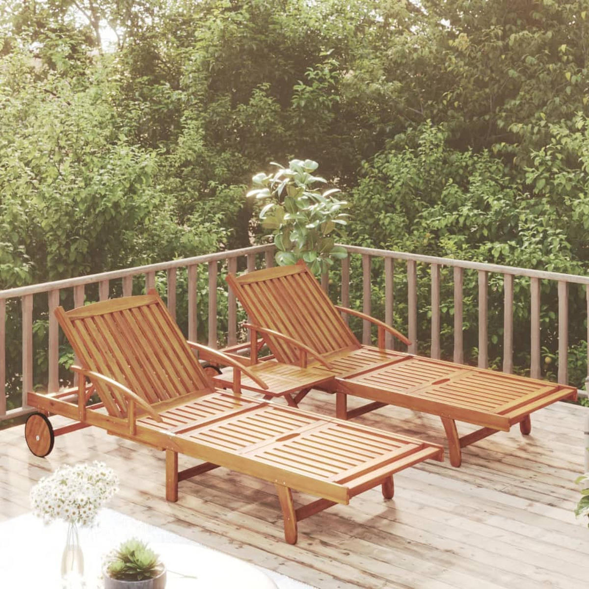 SONNENLIEGEN 2 Stk. mit Tisch Massivholz Akazie - Braun, Holz (68/85/200cm) - furnicato