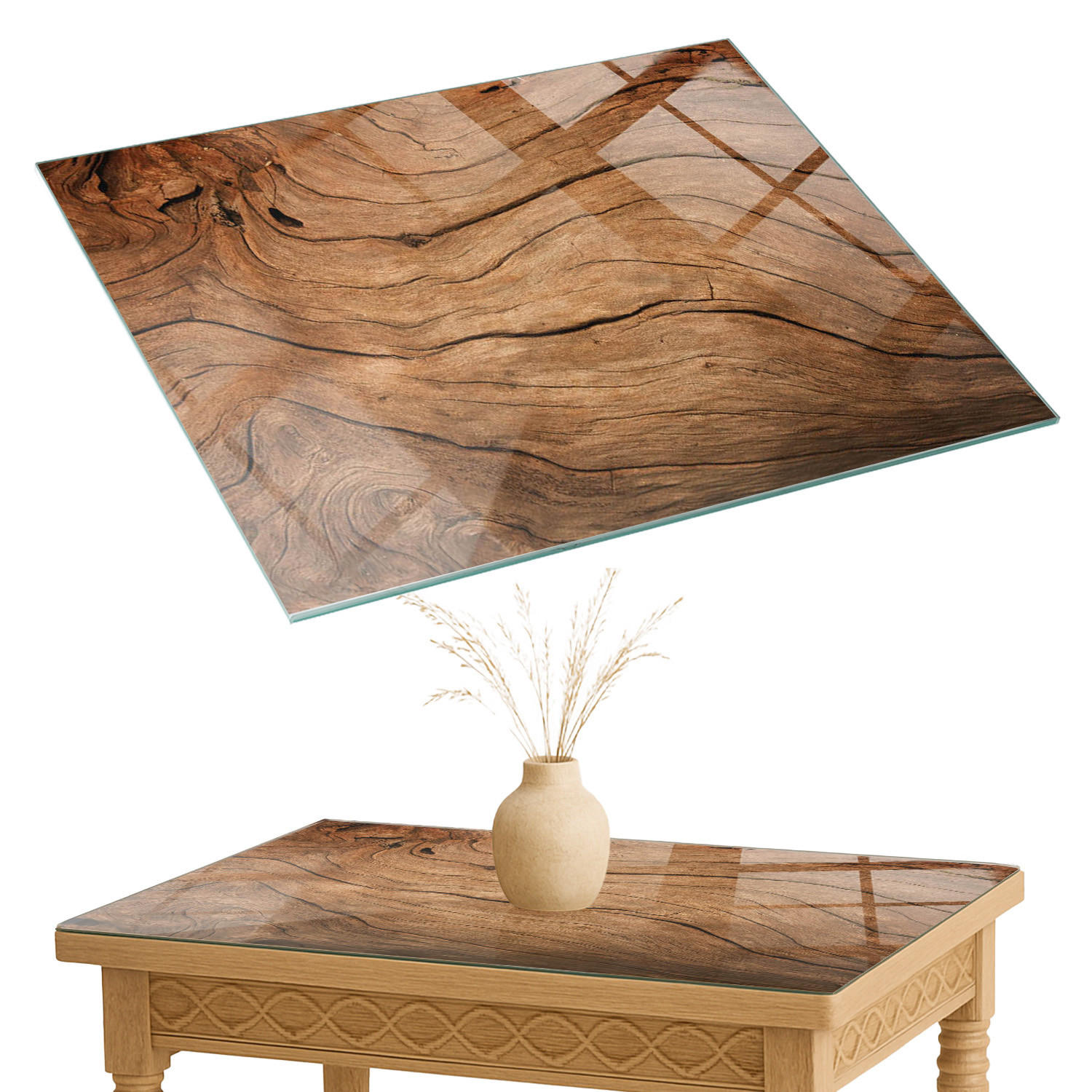 TISCHPLATTE 80x60 cm Natürliche Holzmaserung - Braun, Glas (0.4/80/60cm) - TULUP