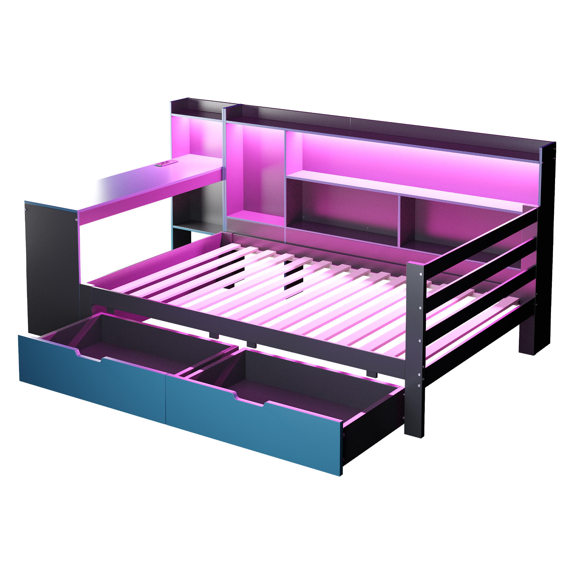 KINDERBETT 90/200 cm DE-01551, in Schwarz + Blau, mit Schreibtisch, Bücherregal und LED - Blau, Holz (90/200cm) - ComfortXL