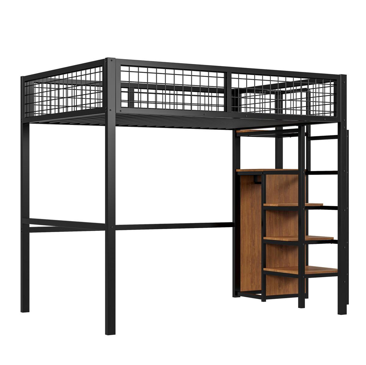 VYSOKÁ postel 140/200 cm kov/MDF černá, s žebříkem a šatní skříní - černá, kov (140/200cm) - BEAOK