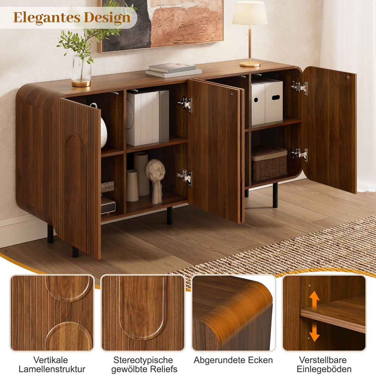 SIDEBOARD Mid-Century 4 Türen Nussbaum 8 Fächer modern - Walnussfarben, Holzwerkstoff (40/79/160cm) - FLIEKS