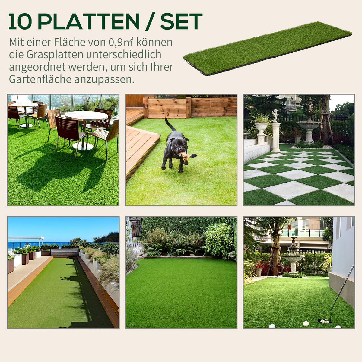 KUNSTRASEN, Dunkelgrün, Kunststoff - Dunkelgrün, Kunststoff (30/30/4.5cm) - Outsunny