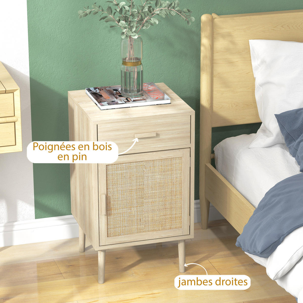 NACHTTISCH Eiche Spanplatte Rattan mit Schublade und Tür 2er-Set - Eichefarben, Holzwerkstoff (40/68.5/40cm) - PANGIVO