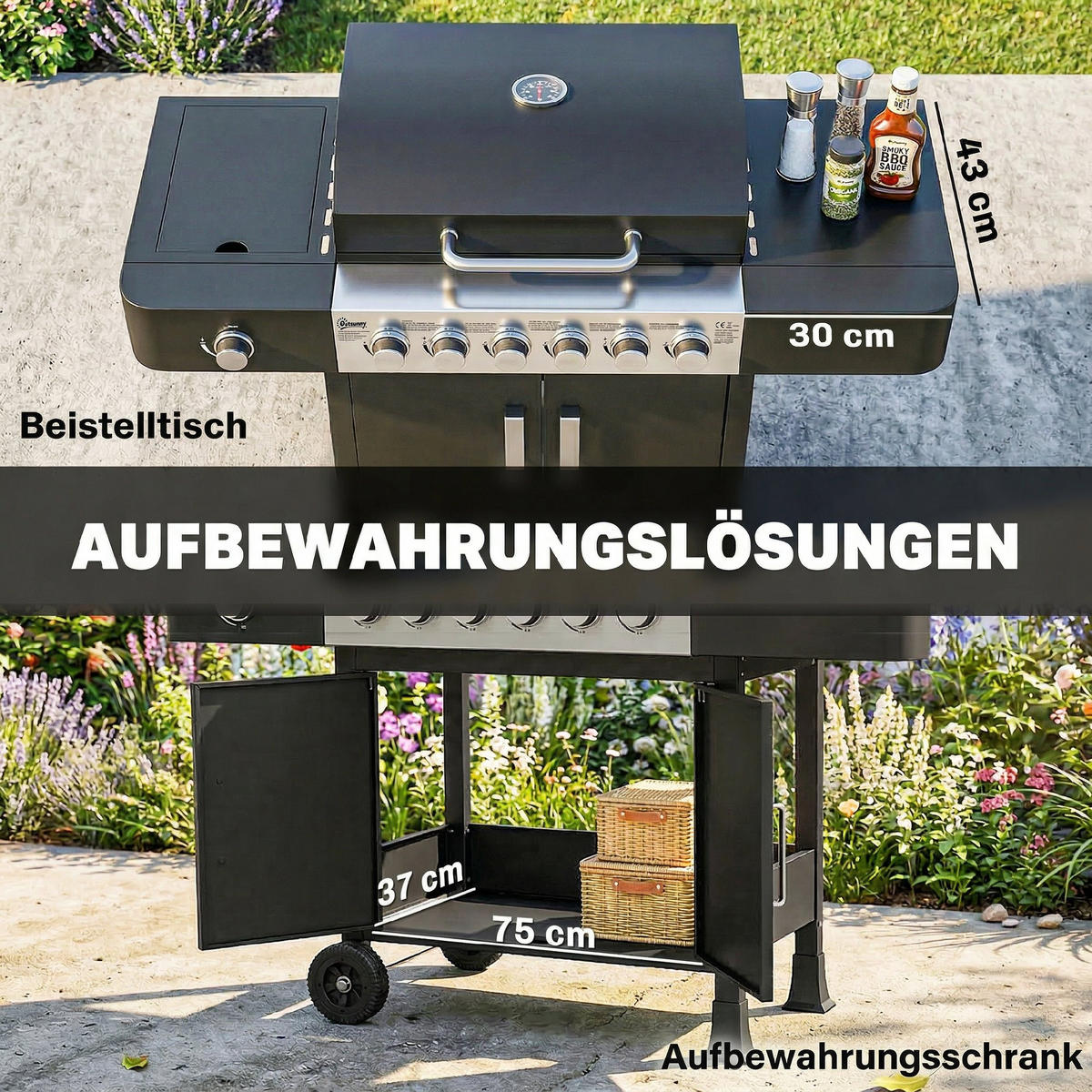 GASGRILL Stahl Edelstahl Schwarz - Schwarz, Metall (51/101/135cm) - Outsunny