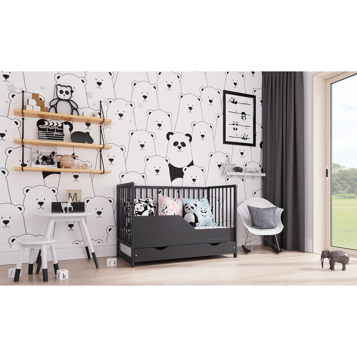 BABYBETT Anna, Mitwachsendes, mit Schublade Anthrazit - Anthrazit, Holz (60/120cm) - Premiers Moments