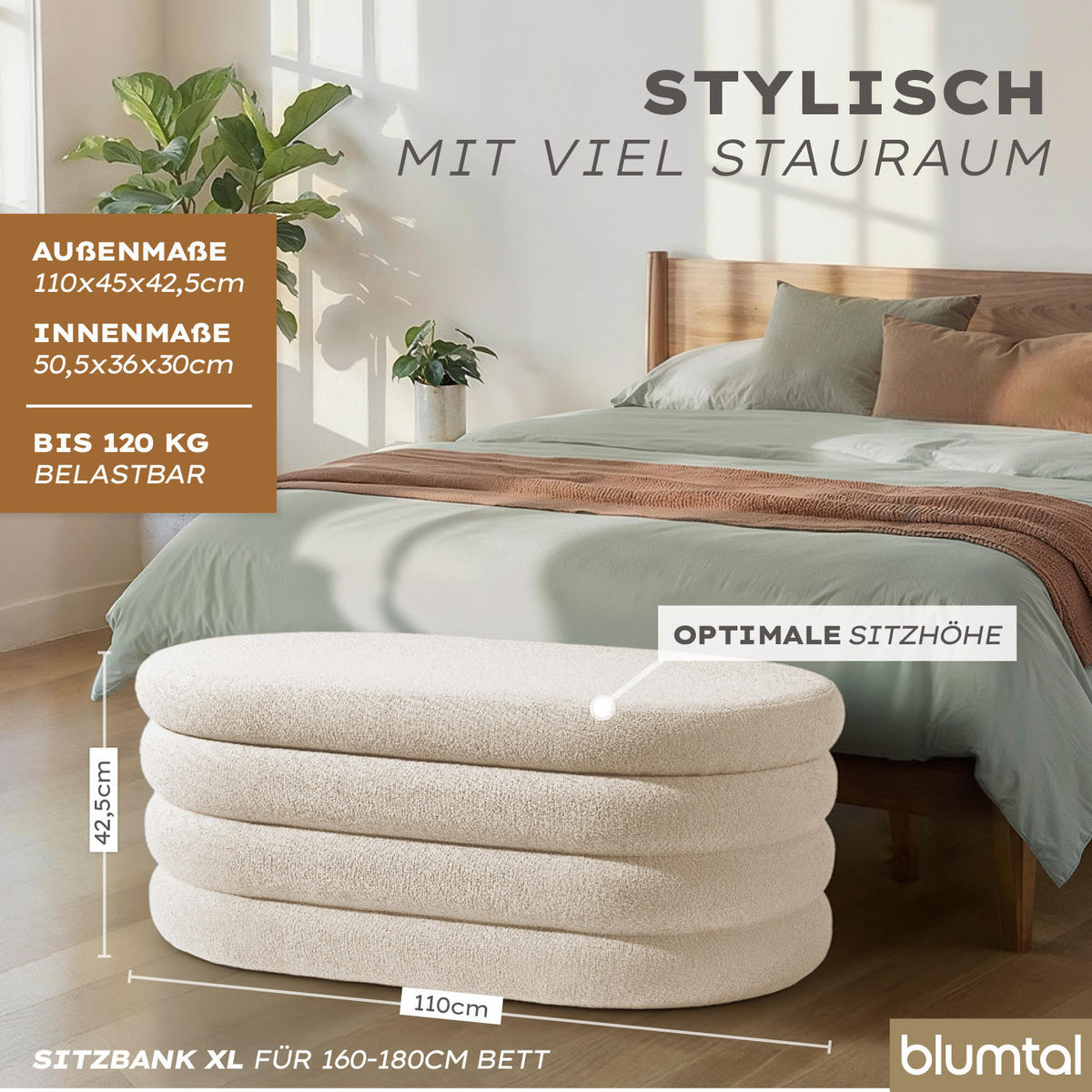 XL Sitzbank mit Stauraum Oval – Bouclé Truhenbank Creme - Beige, Textil (45/42.5/110cm) - Blumtal