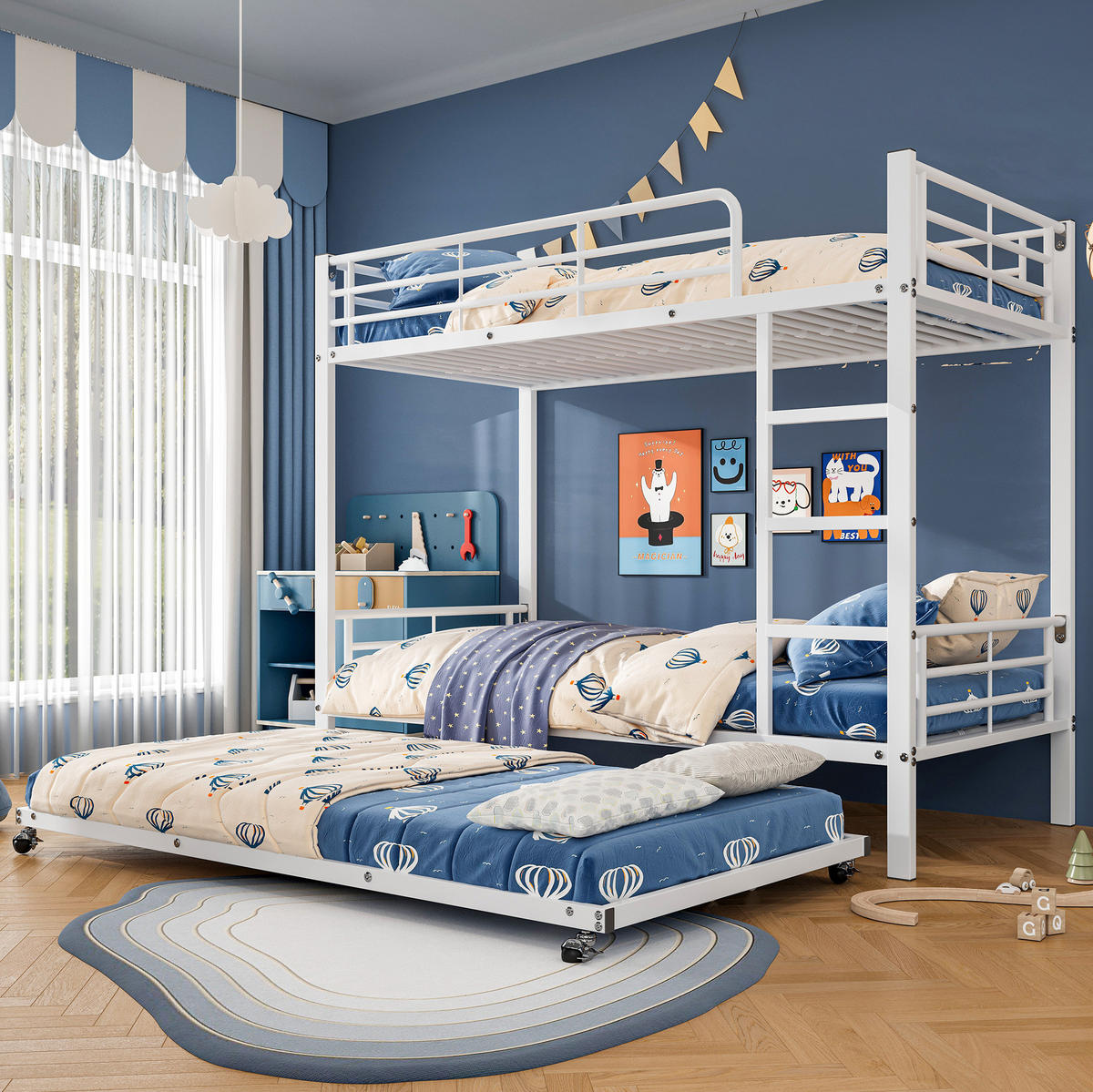 ETAGENBETT aus Metall 90x200 cm Weiß mit Ausziehbett 90x190 cm und Leiter - Weiß, Metall (90/190cm) - IVMEU