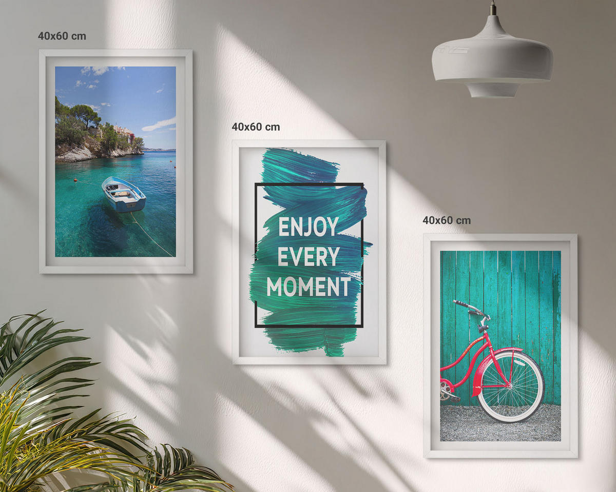 WANDBILDER 3er-Set - 40x60 cm Weißer Rahmen - Inspiration für ein Fahrrad mit Seeboot - Weiß, Kunststoff (40/60cm) - ArtPrintCave