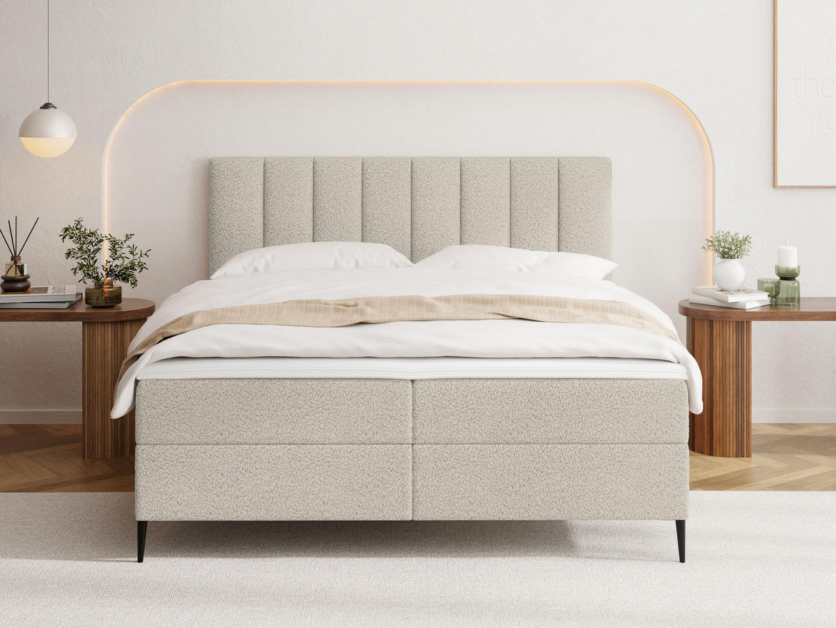BOXBETT Allen mit Bettkasten, Boucle Beige 120x200 cm – inkl. H4 Taschenfederkern Matratze & Foam Topper - Beige/Schwarz, Holzwerkstoff/Metall (120/200cm) - WFL GROUP