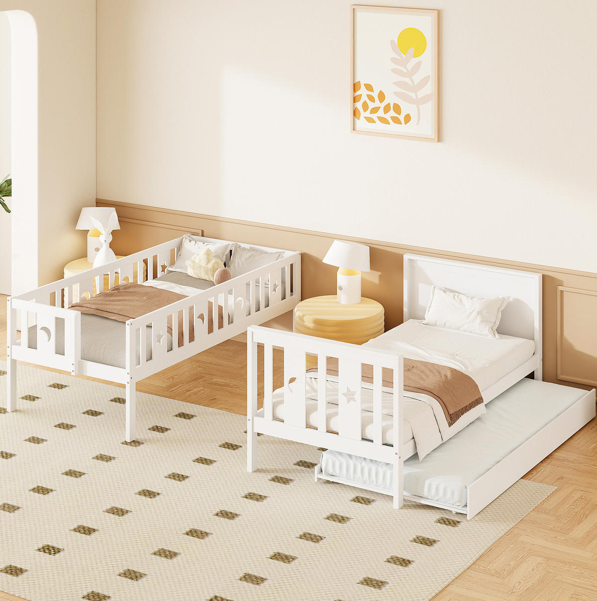 POSCHODOVÁ posteľ 90/200 cm biela s výsuvným lôžkom a úložnými schodmi z MDF a borovicového dreva - biela, kompozitné drevo (90/200cm) - OKWISH